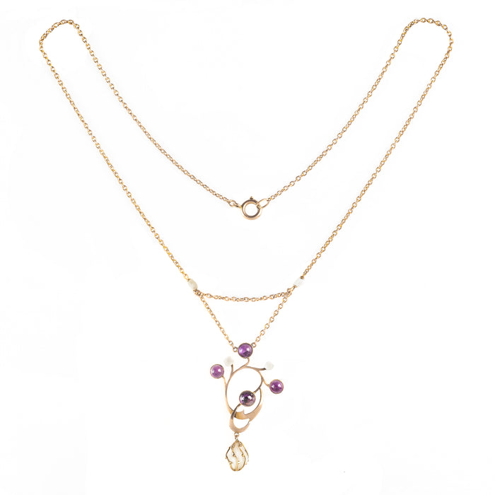Gold, Amethyst and Pearl Drop Necklace