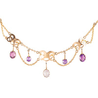 Edwardian gold necklace with scrollwork and amethyst drops, c.1905–1915