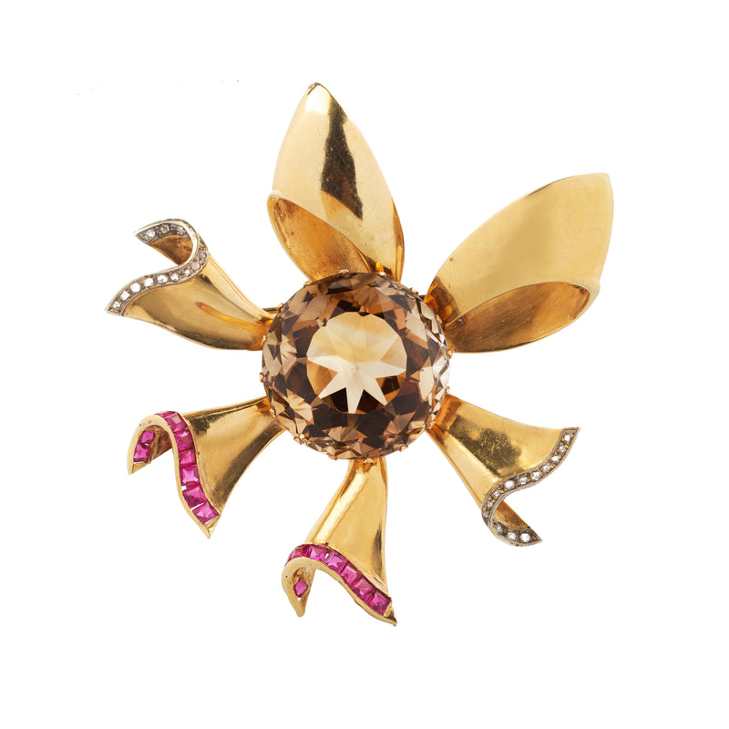 A Citrine Ruby Diamond Flower Brooch