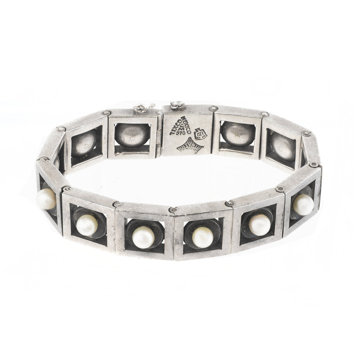 Antonio Pineda silver and pearl modernist bracelet, 1950s Taxco design