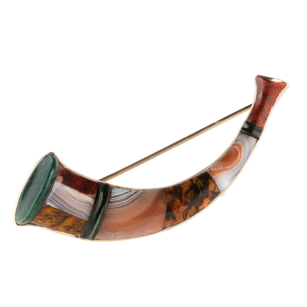 Victorian silver brooch with polished jasper and Scottish agate in horn design