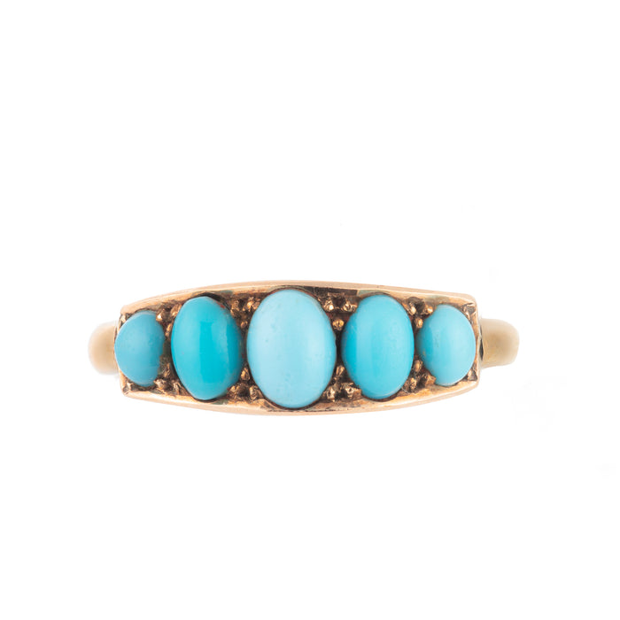 Five-stone turquoise ring in 9ct yellow gold, British maker H. Williamson Ltd., c.1930s