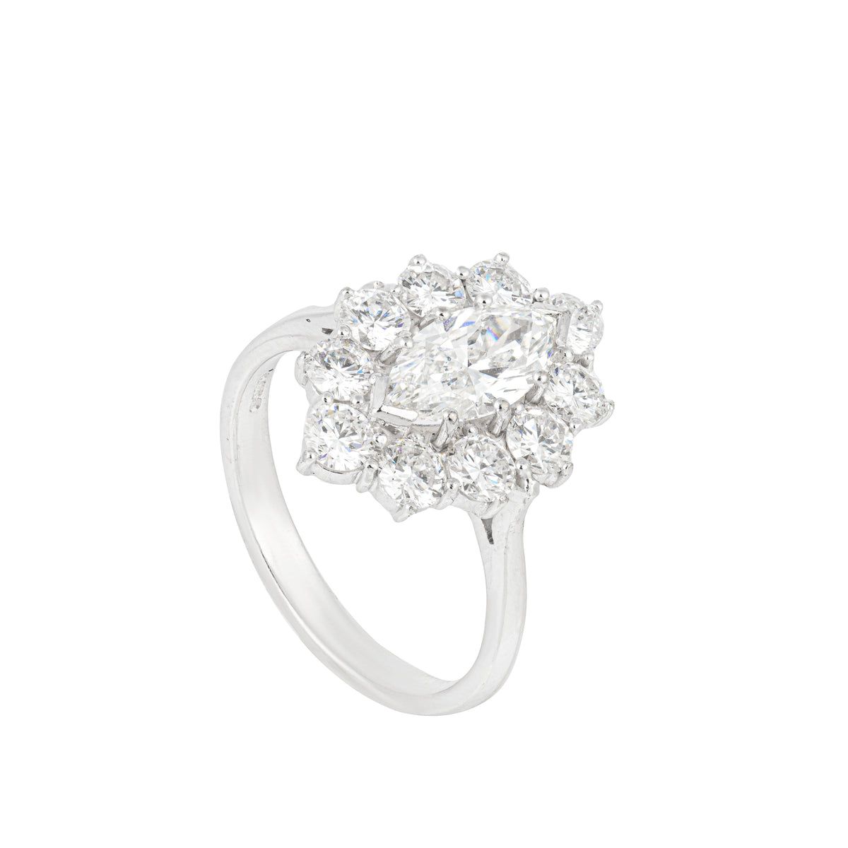 Angled view of this beautiful antique marquise diamond ring with brilliant-cut halo. 