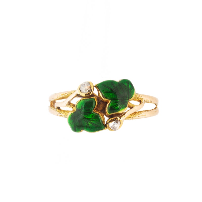 Green Enamel Ivy and Diamond Ring