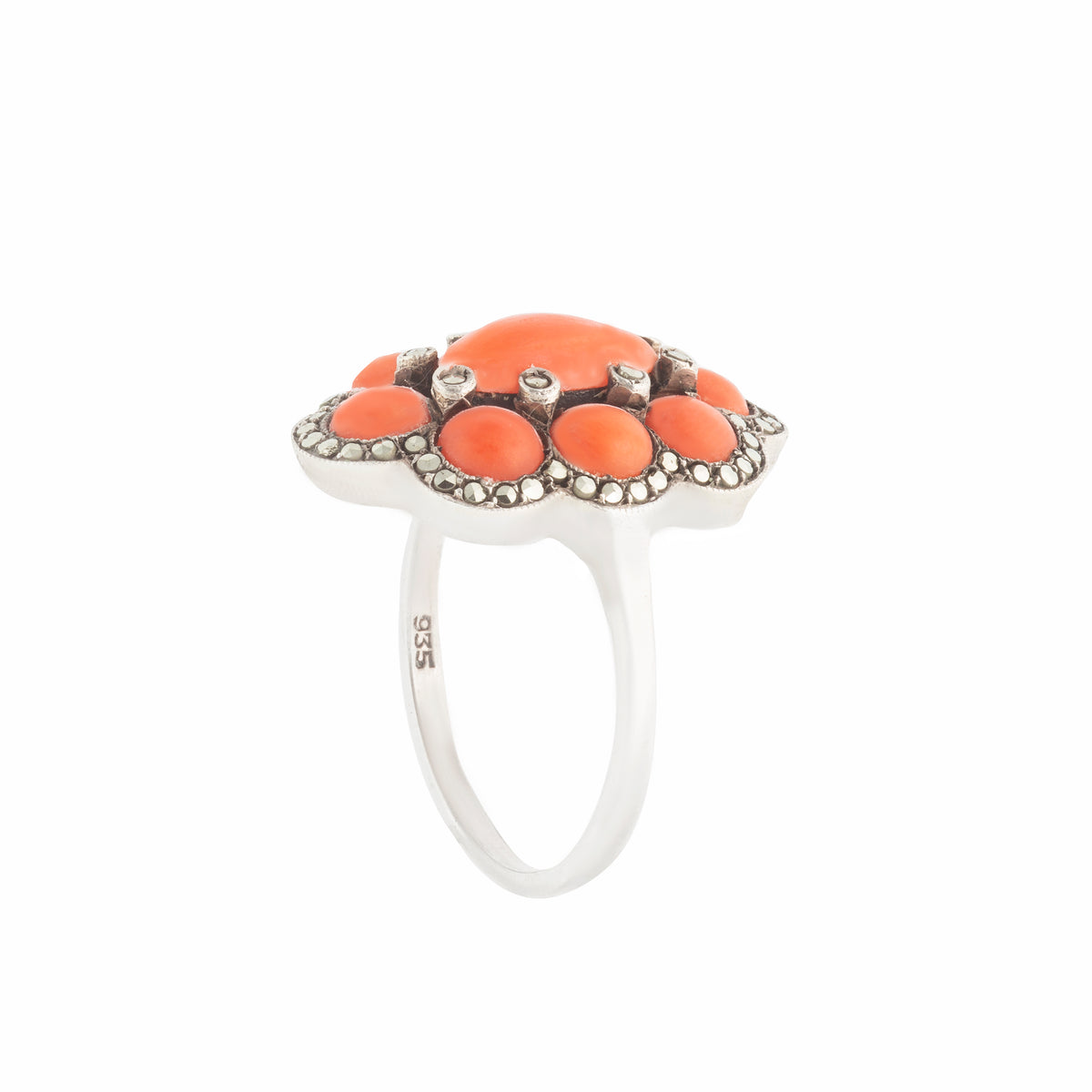 Silver Marcasite Coral Ring