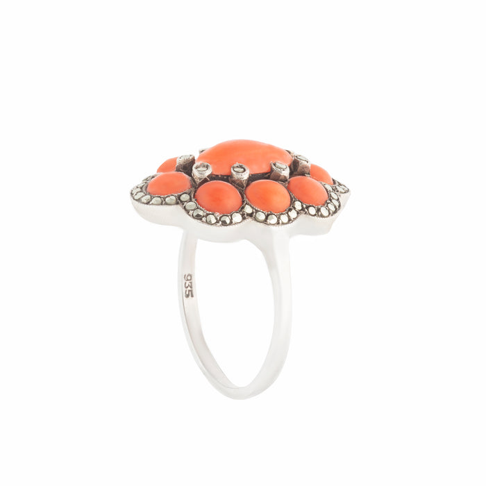 Silver Marcasite Coral Ring