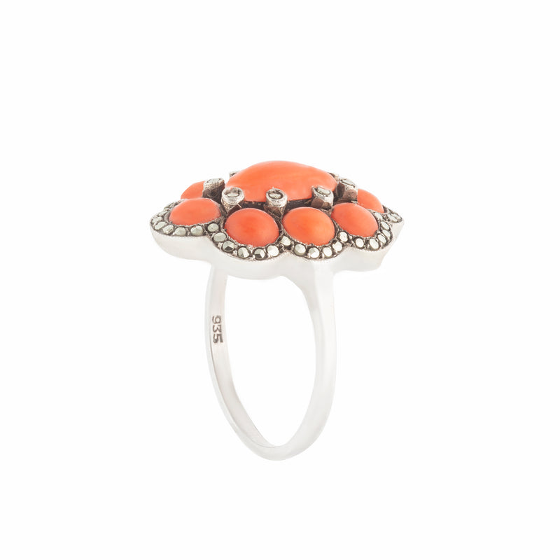 Silver Marcasite Coral Ring