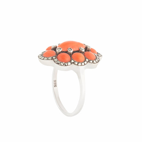 A Silver Marcasite Coral Ring