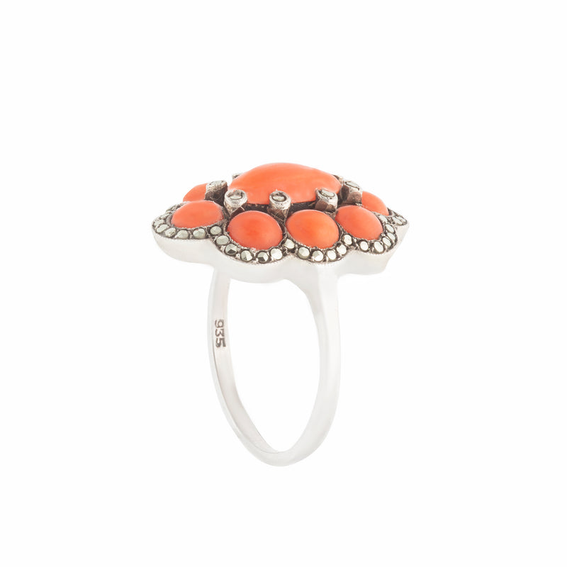 A Silver Marcasite Coral Ring