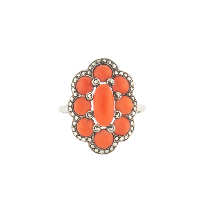 Silver Marcasite Coral Ring