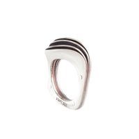 Side profile of a vintage silver modernist ring showing abstract curves and enamel inlay between silver bands