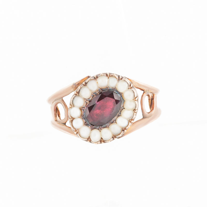 A Georgian Gold Garnet and Natural Pearl Ring