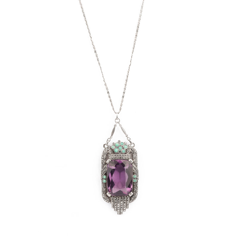 Amethyst Marcasite Amazonite Pendant by Theodor Fahrner
