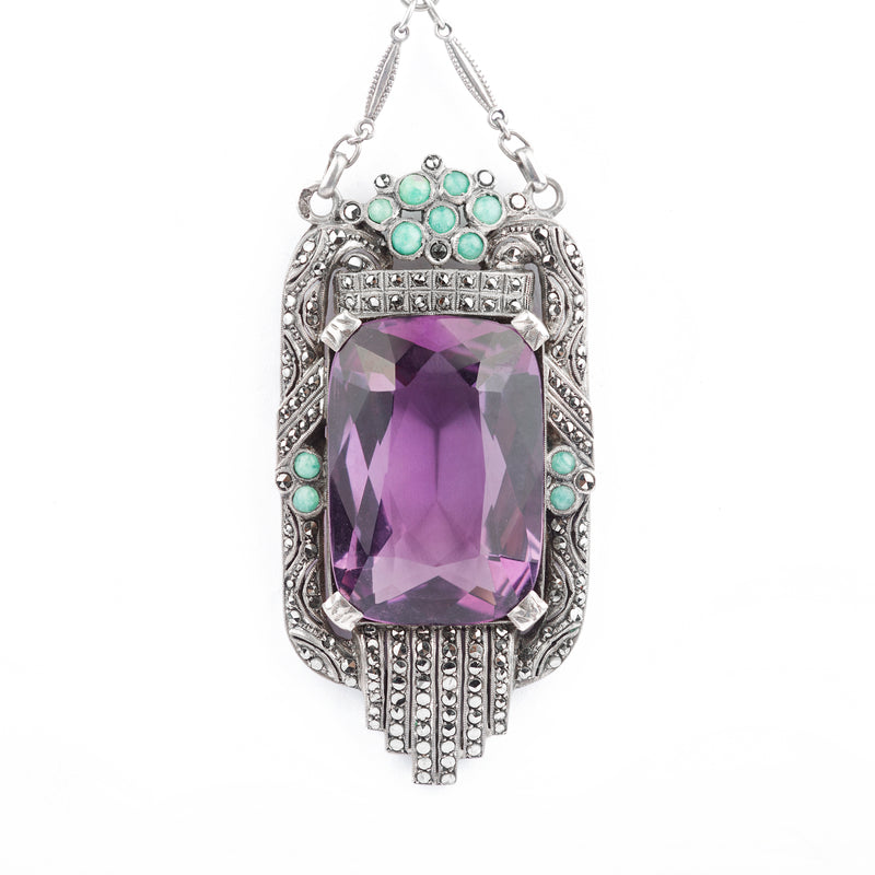 Amethyst Marcasite Amazonite Pendant by Theodor Fahrner