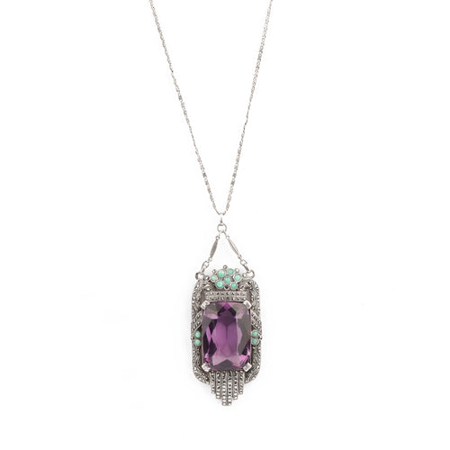 An Amethyst Marcasite Amazonite Pendant by Theodor Fahrner