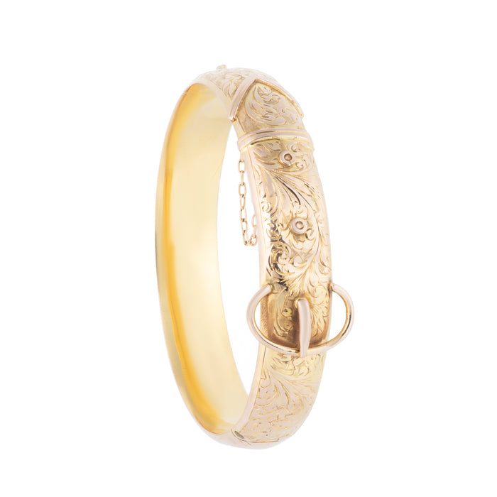 Antique 9ct gold buckle bangle with engraved floral detail, hallmarked Birmingham 1912