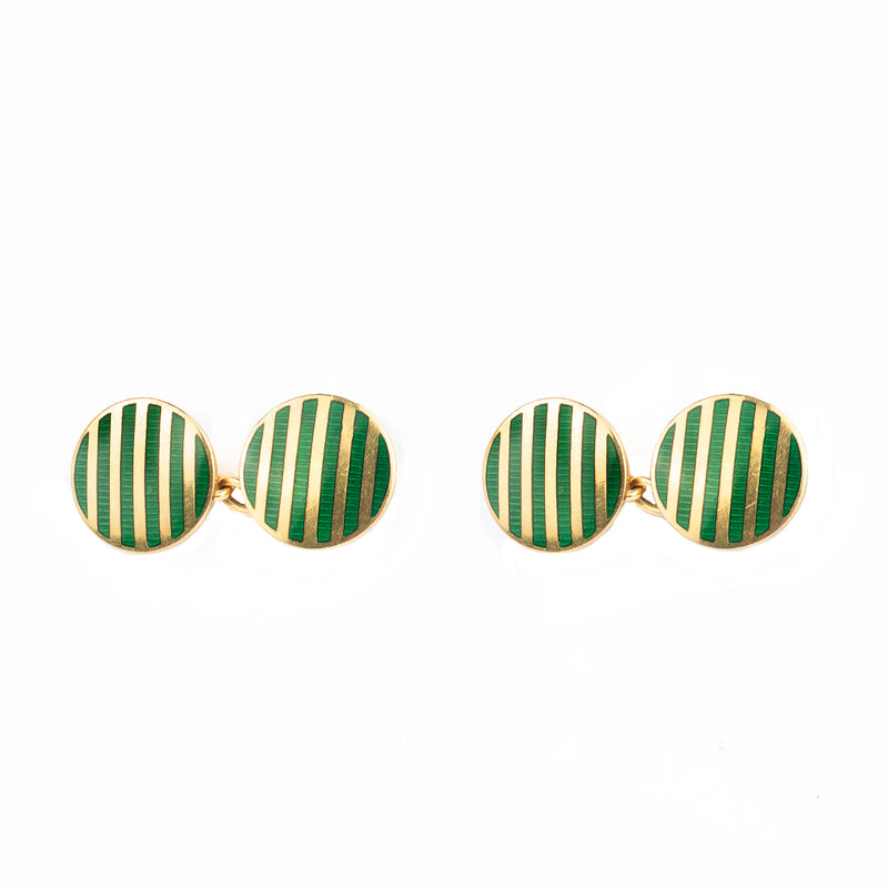 Pair of Gold and Green Enamel Stripe Cufflinks