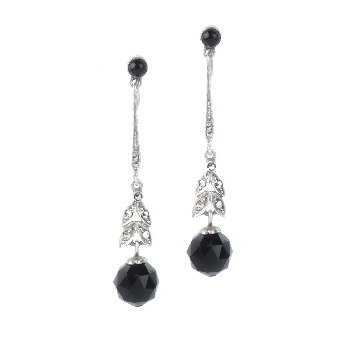 1920s Art Deco silver earrings by Theodor Fahrner with onyx cabochons and marcasite, 5cm long