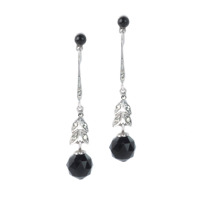 1920s Art Deco silver earrings by Theodor Fahrner with onyx cabochons and marcasite, 5cm long