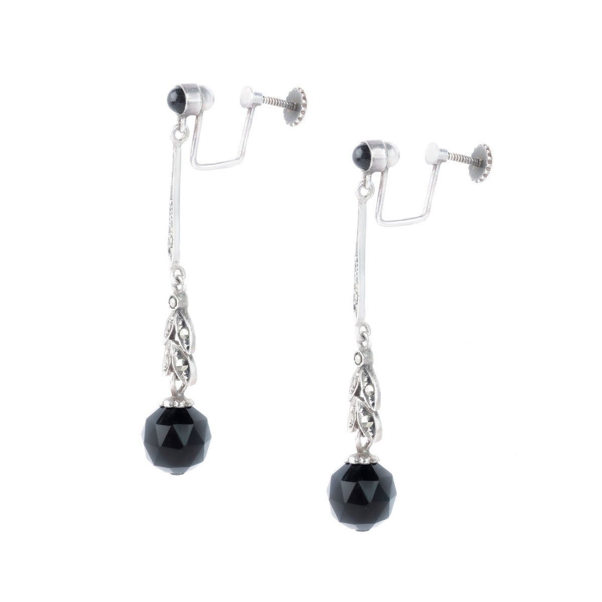 German Art Deco earrings in silver with onyx and marcasite, signed TF 935 by Theodor Fahrner