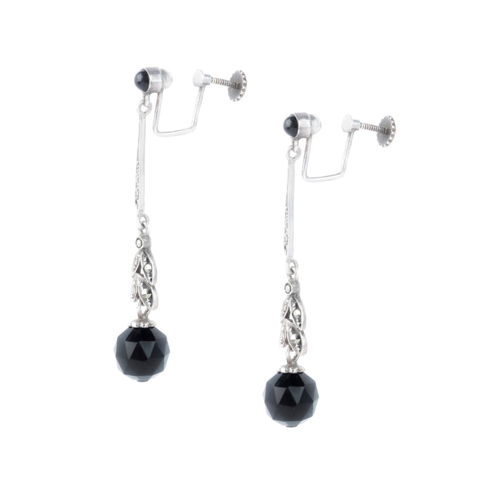 German Art Deco earrings in silver with onyx and marcasite, signed TF 935 by Theodor Fahrner