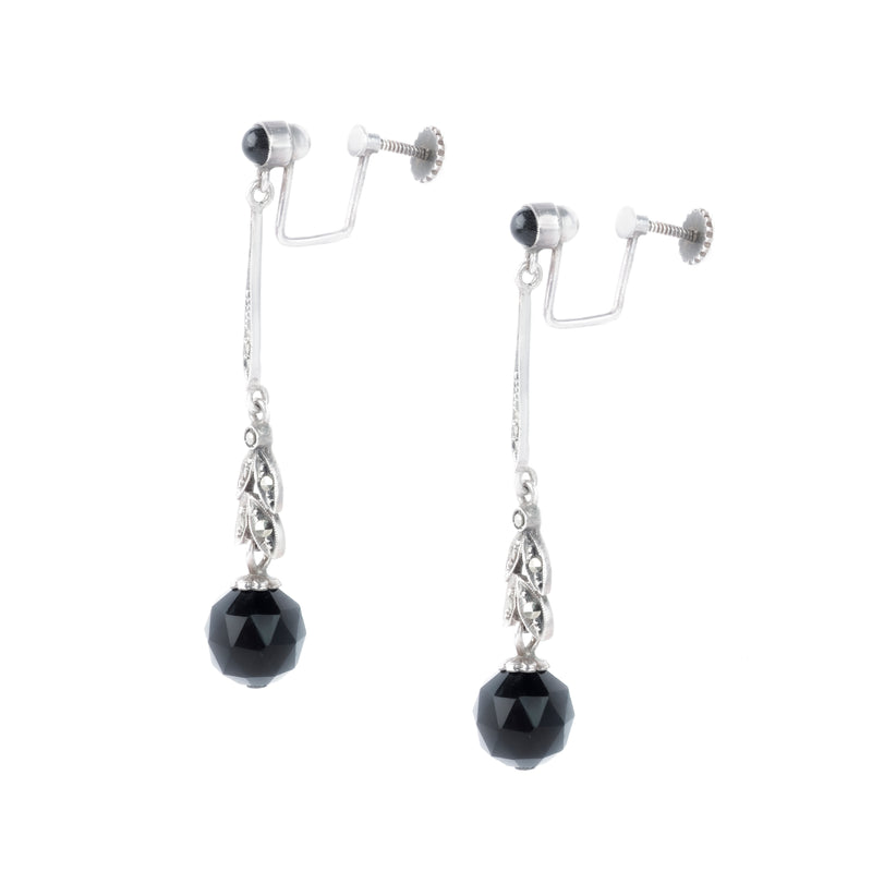 German Art Deco earrings in silver with onyx and marcasite, signed TF 935 by Theodor Fahrner