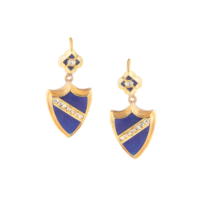 A Pair of Gold Blue Enamel Diamond Earrings