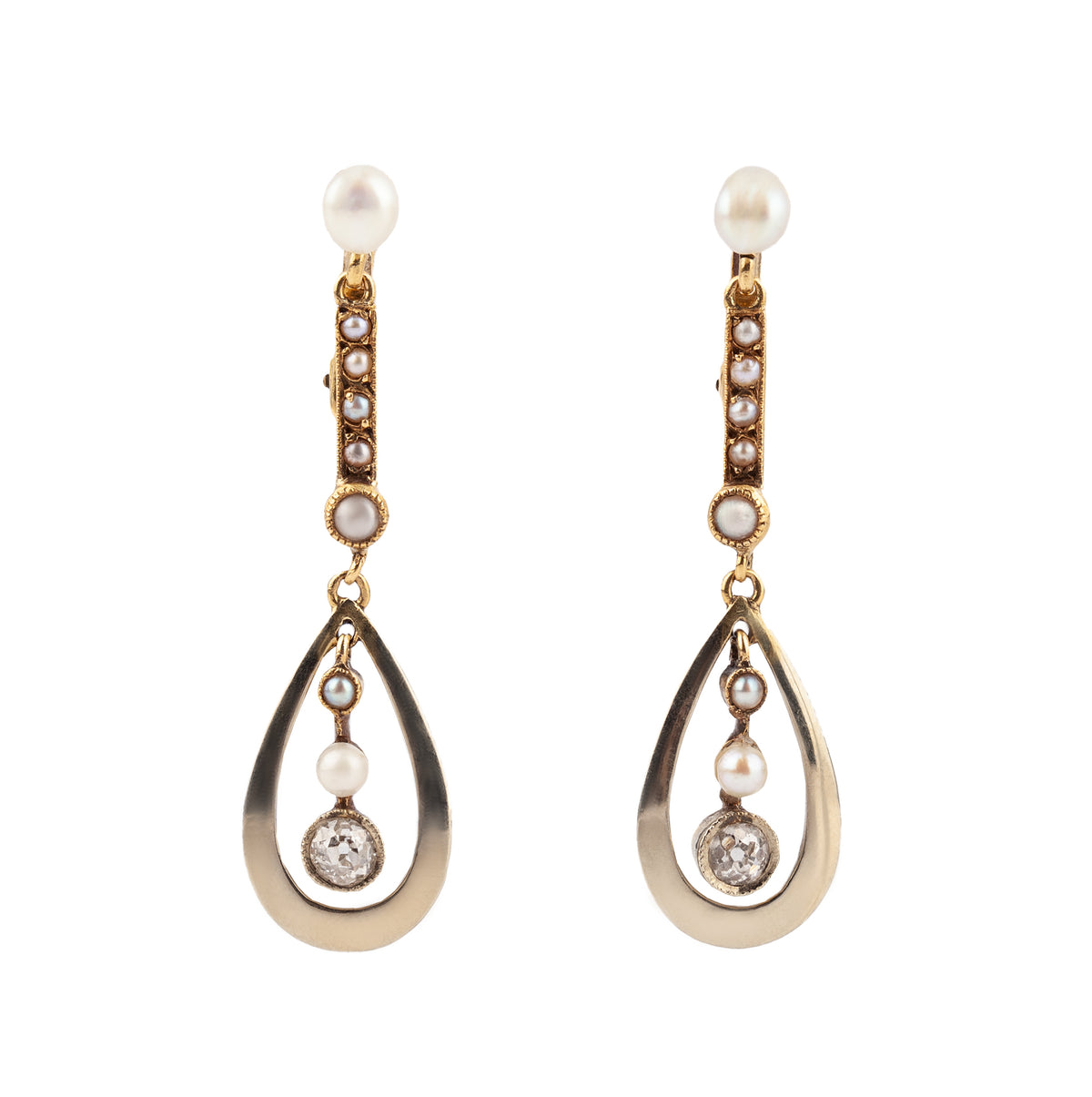 Pair of Gold Diamond Pearl Drop Earrings