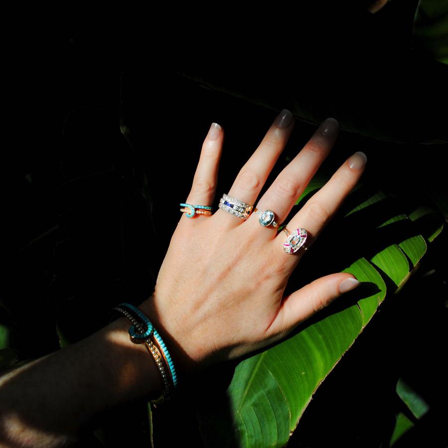 A Deco Aquamarine Ruby Diamond Ring