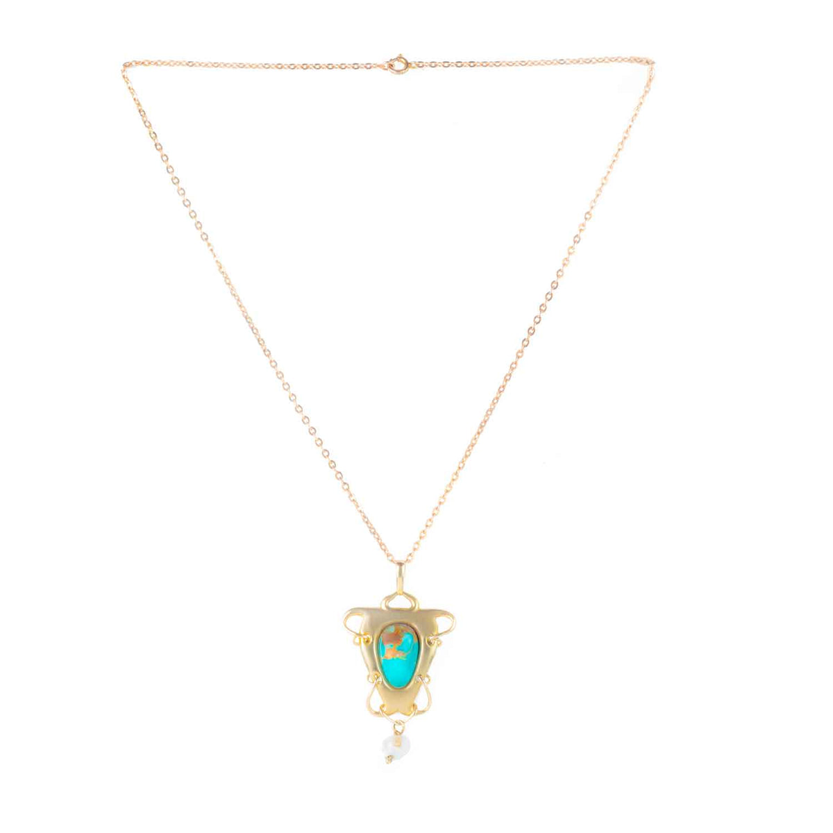 Detail of turquoise cabochon with natural matrix in 18ct gold Art Nouveau pendant