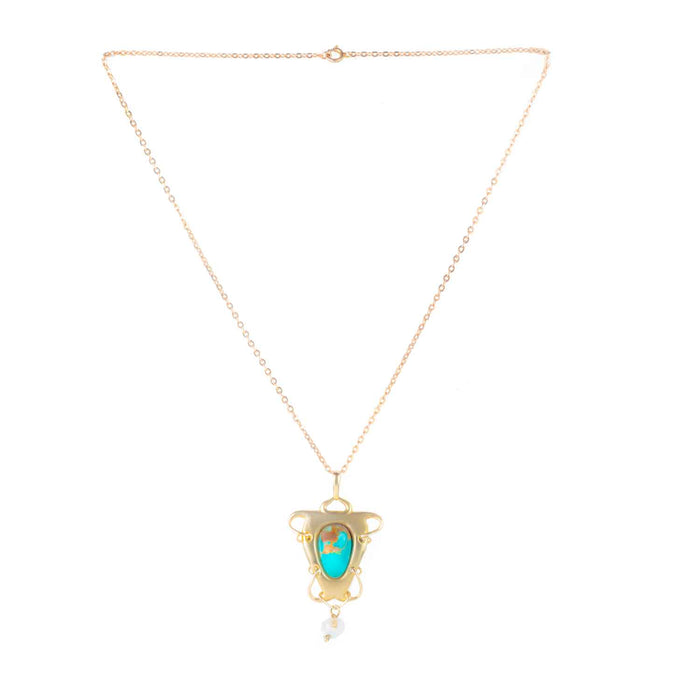 Detail of turquoise cabochon with natural matrix in 18ct gold Art Nouveau pendant