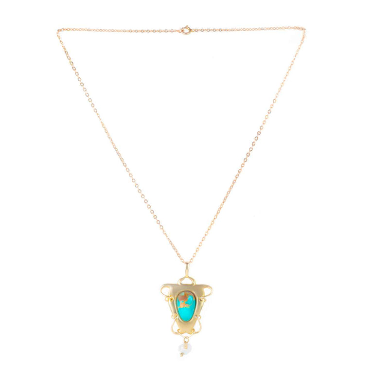 Detail of turquoise cabochon with natural matrix in 18ct gold Art Nouveau pendant