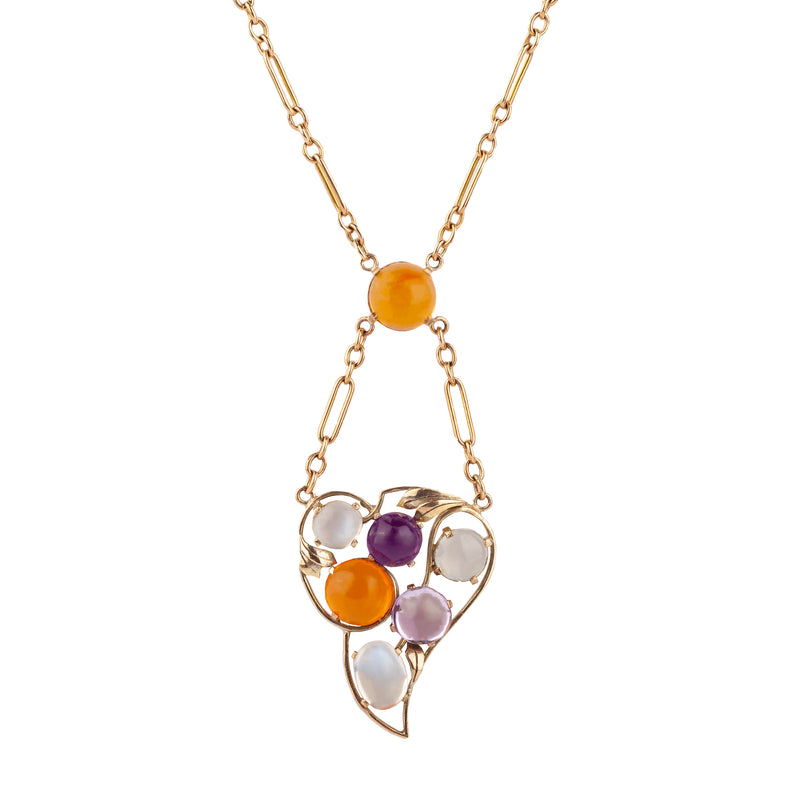 A 1940s Fire Opal, Amethyst and Moonstone Gold Guard Chain necklace