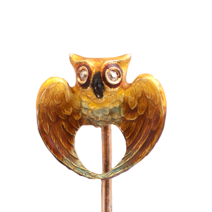 A Gold Owl Stick Pin with Diamond Eyes