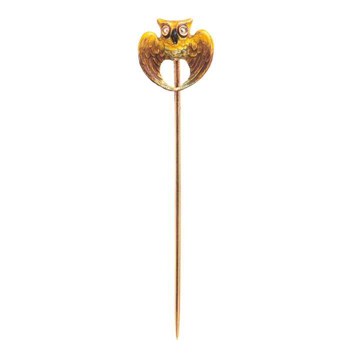 A Gold Owl Stick Pin with Diamond Eyes