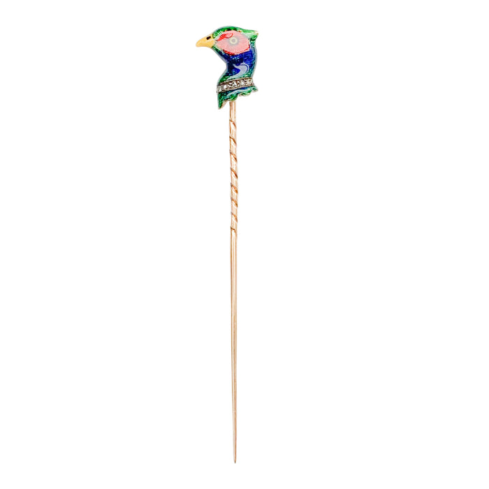 Edwardian Enamel, 18ct Gold, Diamond Pheasant Stick Pin c.1910