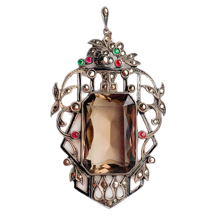 Marcasite, Smoky Quartz, Paste Silver Pendant c.1920s